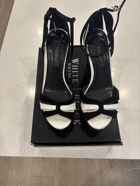 White House Black Market Black and White Strappy Ankle-Heel Sandals